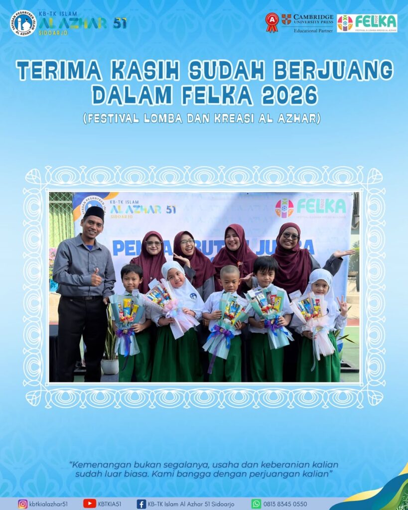 Murid KB-TK Islam Al Azhar 51 Sidoarjo mengikuti FELKA 2026 dengan penuh semangat dan percaya diri dalam berbagai lomba Islami dan kreatif.