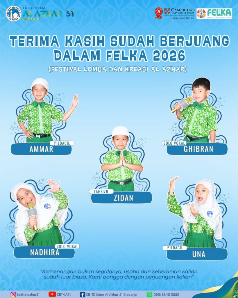 Murid KB-TK Islam Al Azhar 51 Sidoarjo mengikuti FELKA 2026 dengan penuh semangat dan percaya diri dalam berbagai lomba Islami dan kreatif.