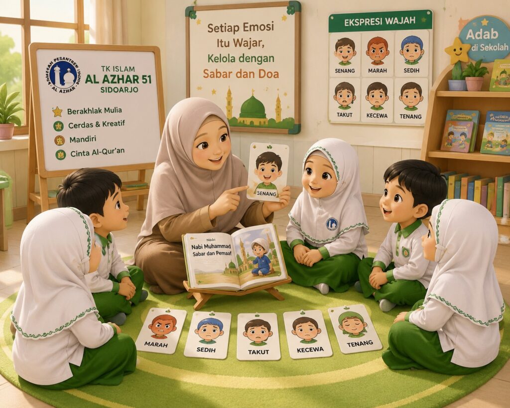 Guru mendampingi anak TK belajar mengelola emosi di TK Islam Al Azhar 51 Sidoarjo.