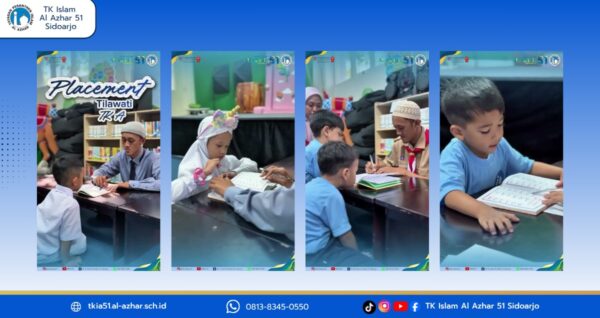 Murid KB-TK Islam Al Azhar 51 Sidoarjo mengikuti Placement Tilawati TK A dengan membaca Al-Qur'an bersama pendamping