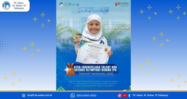 Prestasi Nazifa Elysia Wardhana murid TK Islam Al Azhar 51 Sidoarjo meraih Medali Perunggu IPA ATSO 2026 tingkat nasional.